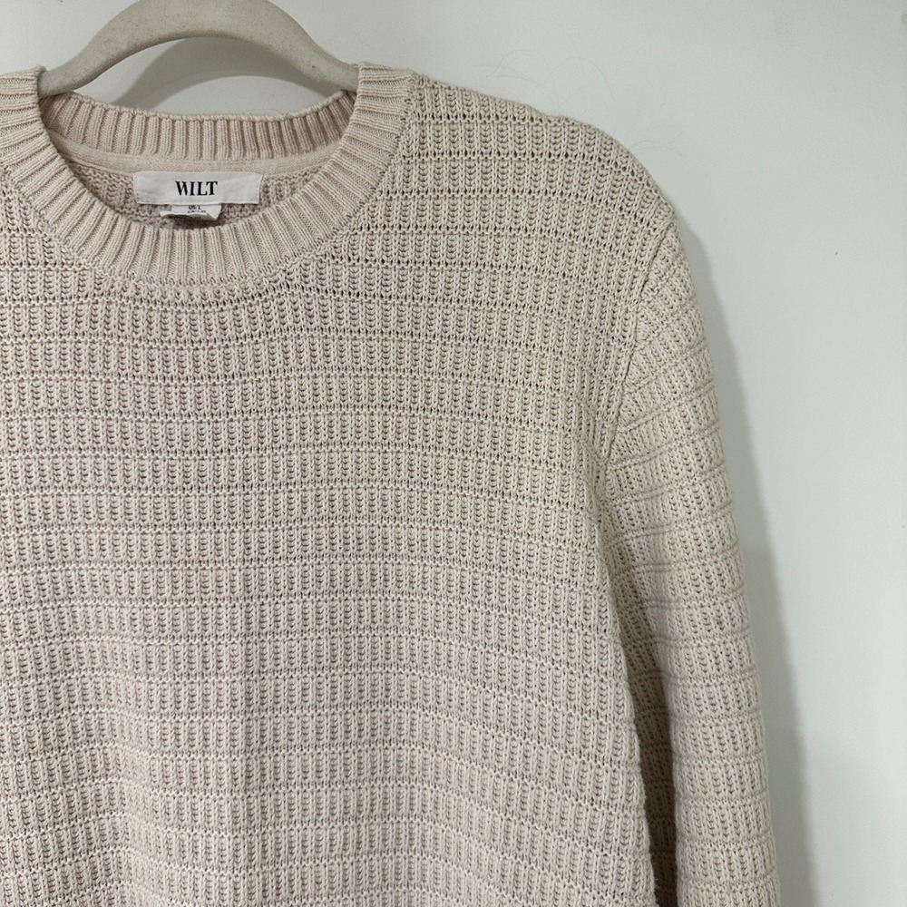 Wilt Sweater Women Large Beige Cream Cotton Waffle Knit Crew Neck Long Sleeve L
